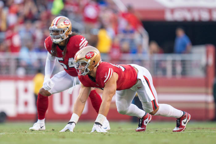 September 21, 2023; Santa Clara, California, USA; San Francisco 49ers defensive end Nick Bosa (97) and linebacker Fred Warner (54) defend during the second quarter against the New York Giants at Levi's Stadium. Mandatory Credit: Kyle Terada-USA TODAY Sports